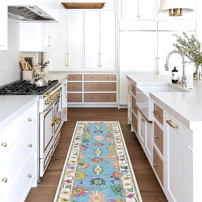 Fame Living Colorful Oushak Runner Rug, Modern Runners, Vintage, Turkish, Eclectic, Floral, Pastel, Washable, Long Runner Rugs for Hallway, Kitchen, Living Room, Bedroom, Kitchen, Bathroom, 2'5"x13'