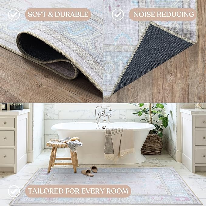 Fame Living Pink Oushak Rug, Modern, Vintage, Turkish, Eclectic, Floral, Pastel, Washable, Area Rugs for Living Room, Dining, Bedroom, Office, Entryway, Foyer, Playroom, Nursery, 5'x6'9"