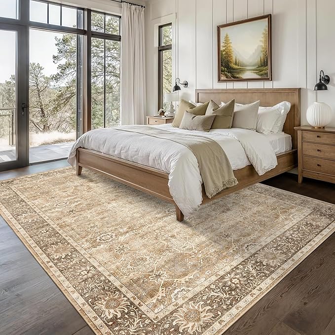 9x12 Washable Area Rug Beige Vintage Rug for Living Room Bedroom Low Pile Soft Non-Slip Boho Rug for Under Table Boho Distressed Retro Carpet for Bedroom Kitchen Office Dining