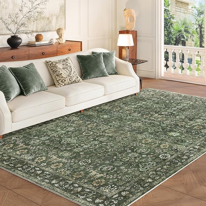 5X7 Area Rugs for Living Room, Soft Rugs Green Washable Rug, Indoor Vintage Rugs for Bedroom Home Office Laundry, Rubber Backed Non Slip Low Pile Carpet, Dark Olive Green
