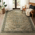 Vintage Distressed 5x7 Area Rugs for Living Room Bedroom Non Slip Washable, Medallion Pattern Printed Low Pile Thin Carpet Rugs for Dining Room/Kitchen/Home Office, Multi Brown/Slate Green