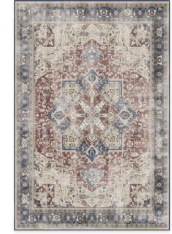 RUGGABLE Washable Vintage Area Rug – Kamran Royal Blue 6x9, Stain-Resistant, Non-Slip – Medium Machine Washable Rugs for Living Room, Bedroom, Hallway, Entryway & Office–with Cushioned Pad