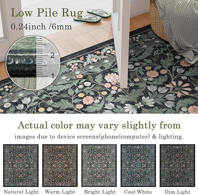 Dark Green Floral 8x10 Area Rugs for Living Room Large Washable Rug Vintage Forest Low Pile Non Slip Stain Resistance Soft Carpet for Dining Room, Bedroom, Kids Room, Nursery Room, Playroom