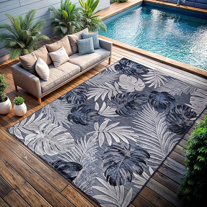 CAMILSON Indoor Outdoor Rug, Navy 7’10”x10’ Leaf Tropical Botanical Area Rugs for Indoor and Outdoor patios, Easy-Cleaning Non-Shedding Living Room, Garden and Kitchen Washable Outside Carpet (8x10)