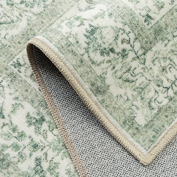 Sage Green Area Rug 8x10 Living Room Washable Carpet Vintage Distressed Non Slip Bedroom Carpet Neutral Low Pile Retro Floral Farmhouse Large Rug Home Office Dining Room Playroom