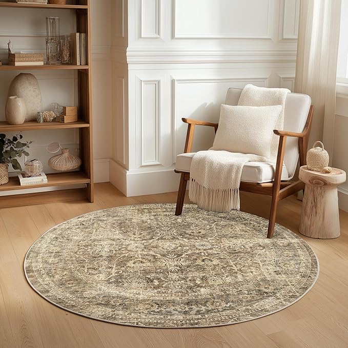 FMFUNCTEX 3ft Round Washable Area Rug Brown Vintage Neutral Distressed Small Non Slip Carpet for Living Room Bedroom Soft Low Pile Indoor Mat Retro Floral Throw Rug for Entryway Bathroom Bedside