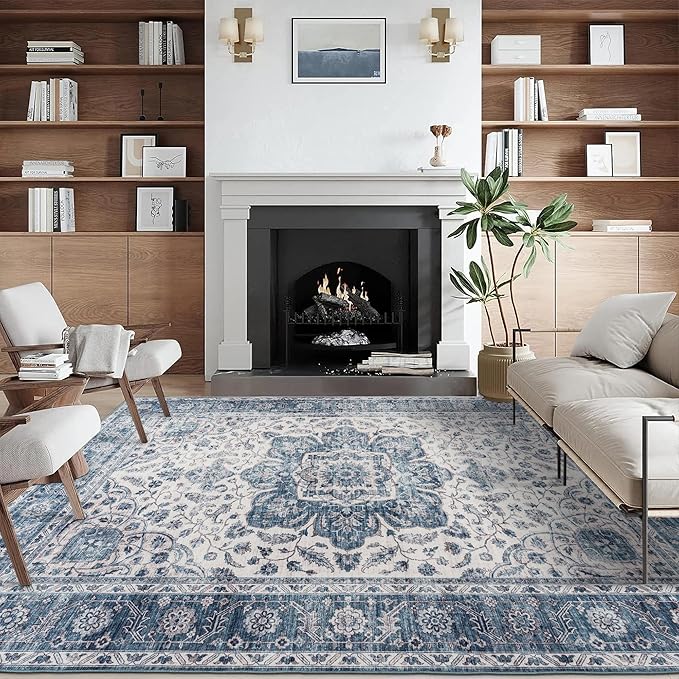 ReaLife Rugs Machine Washable Area Rug - Living Room Bedroom Bathroom Kitchen Entryway Office - Padded Low Pile Stain Resistant Premium - Boho Farmhouse Vintage - Joy - Blue Ivory 7'6" x 9'6"