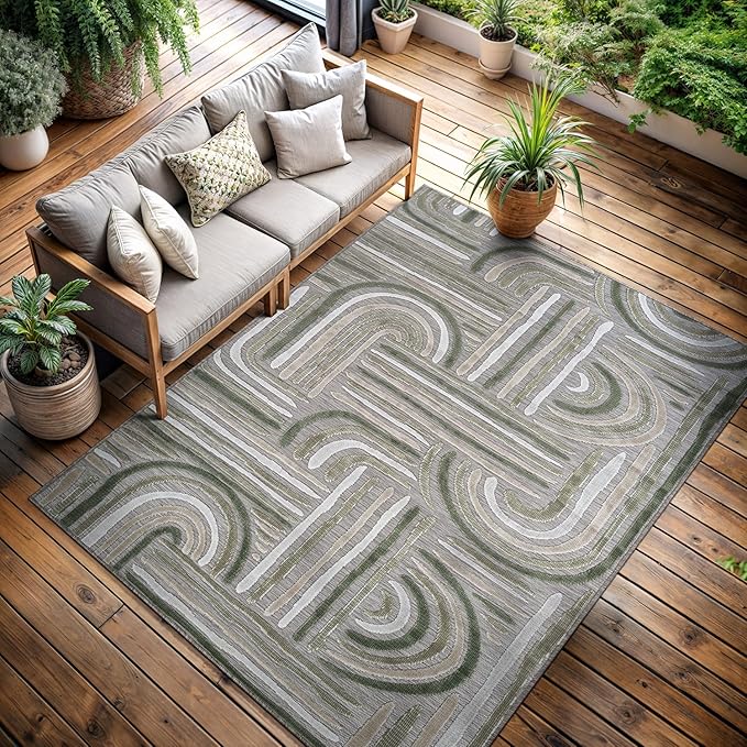 CAMILSON Indoor Outdoor Rug, Beige 5x7 Geometric Arch Striped Area Rugs for Patio and Home Areas, Easy-Cleaning Non-Shedding Living Room, Garden and Deck Washable Outside Carpet (5 x 7)