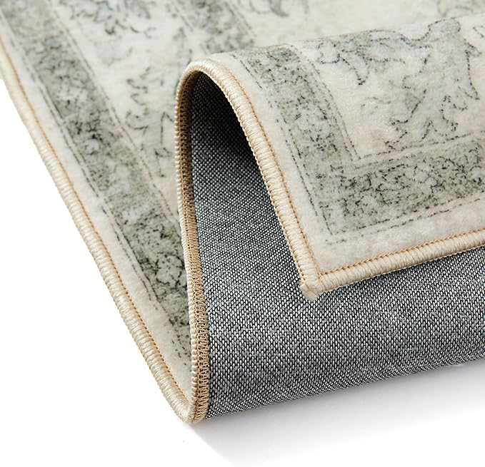 Green Area Rug 5x7 Washable Living Room Carpet Vintage Non Slip Soft Bedroom Indoor Office Retro Low Pile Thin Oriental Medallion Large Rug for Dining Room Bathroom Kitchen