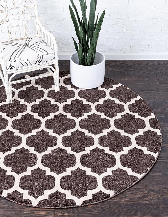 Rugs.com Lattice Collection Rug – 6 Ft Round Chocolate Brown Medium Rug Perfect for Kitchens, Dining Rooms