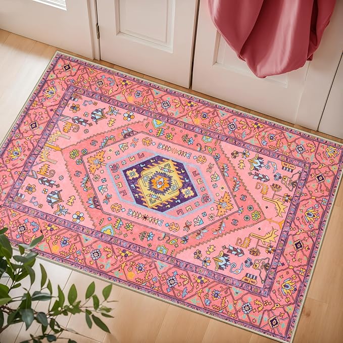 SERISSA Small Rugs for Entryway, 2x3 Fuchsia Pink Washable Non-Slip Area Rug Cute Boho Aesthetic Rug, Soft Low-Pile Indoor Door Mat Throw Carpet for Entrance Kitchen Bedroom Teen Girl Kids Room