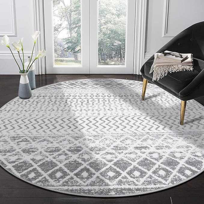 Grey Round Rug for Living Room, 5ft Soft Non-Slip Circle Large Area Rug, Modern Geometric Washable Dining Room Mat Throw Rug for Dorm Bedroom Nursery Entryway