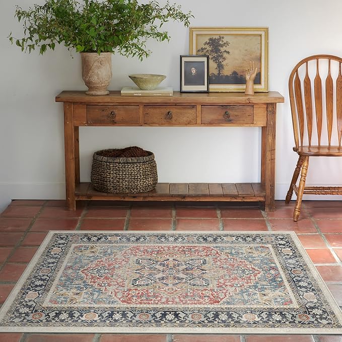RUGGABLE Washable Vintage Area Rug – Kamran Cayenne Red 3x5, Stain-Resistant, Non-Slip – Small Machine Washable Rugs for Living Room, Bedroom, Hallway, Entryway & Office–with Cushioned Pad