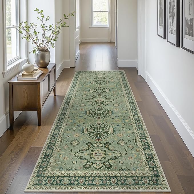 Bavni Washable Runners for Hallways 2X10, Ultra-Thin Non Slip Long Runner Rug, Print Vintage Aesthetic Carpet Runner, Low Pile Rugs for Kitchen Porch Bedroom, Green