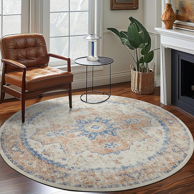 jinchan Round Rug 8ft Washable Area Rug Indoor Vintage Bedroom Floor Cover Distressed Circle Mat 8' Round Lightweight Non Slip Low Pile Thin Farmhouse Carpet for Living Room Dining Room Orange