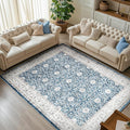 jinchan Floral 8x10 Area Rug for Living Room Machine Washable Vintage Distressed Boho Design Throw Rug Stain Resistant Carpet Low-Pile Thin Non-Slip for Bedroom Dining Room Nursery (8‘x10', Dark Blue)