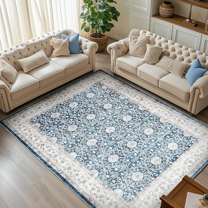 jinchan Floral 8x10 Area Rug for Living Room Machine Washable Vintage Distressed Boho Design Throw Rug Stain Resistant Carpet Low-Pile Thin Non-Slip for Bedroom Dining Room Nursery (8‘x10', Dark Blue)