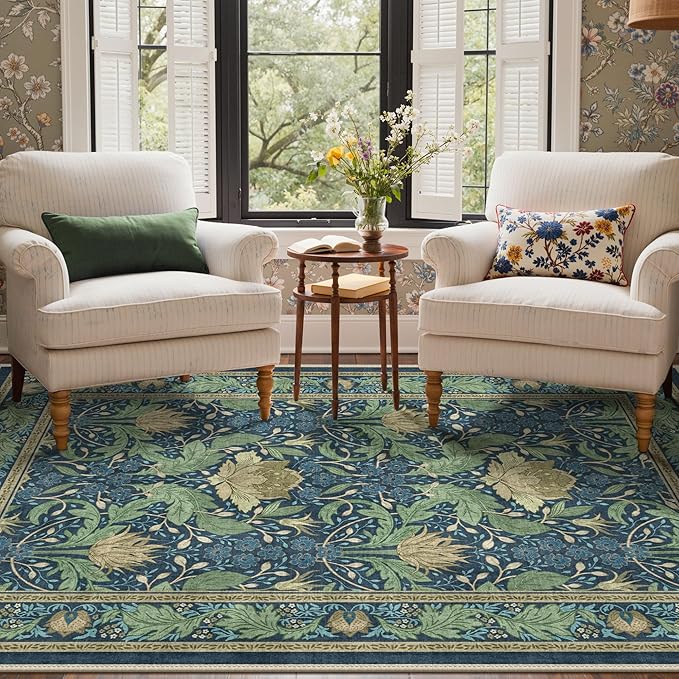 Bavni 5x7 Area Rugs for Living Room, Microfiber Machine Washable Non-Slip Vintage Floral Rug, Low Pile Lightweight Carpet for Bedroom, Dining Room, Home Office, Navy Blue & Sage Green