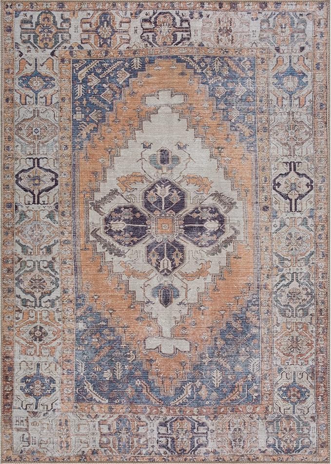 Bloom Rugs Washable 4' x 6' Rug - Orange/Blue/Beige Traditional Area Rug for Living Room, Bedroom, Dining Room, and Kitchen - Exact Size: 4' x 6'