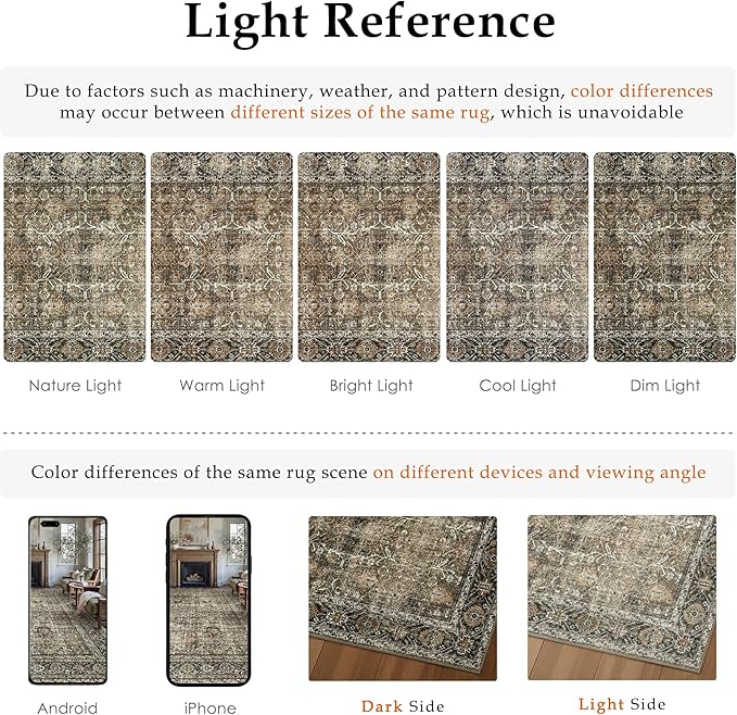 Vintage Area Rug 12x15 Brown Washable Living Room Large Carpet Non Slip Bedroom Indoor Office Low Pile Traditional Distressed Retro Accent Rug for Dining Room