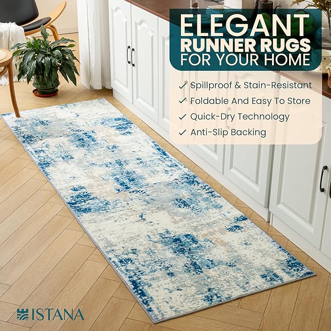 Istana Hallway Runner Rug 2.5x8 - Blue/Ivory Kitchen Rugs Non Slip Washable -Silk's Soft Touch Carpet Runner - Stylish Rugs for Home