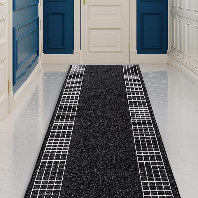 Custom Made Runner Rug for Kitchen Foyer Hallway Entry Choose Your Length 31 Inch Wide Geometric Checkered Design Black Color (47 feet x 31 Inch)