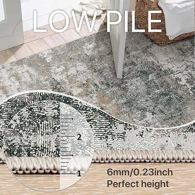 GENIMO Washable 8x10 Area Rugs for Living Room, Non Slip Modern Abstract Rug, Machine Washable Stain Resistant Low Pile Soft Carpet for Bedroom, Dining, Office, Black Grey