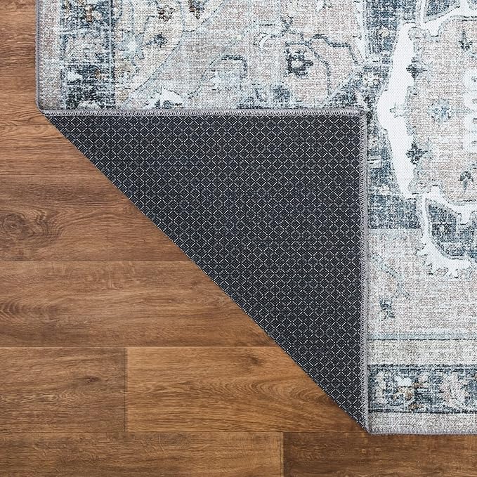 Bloom Rugs Washable Non-Slip 12 ft Runner - Pebble Gray/Blue Traditional Medallion Runner for Entryway, Hallway, Bathroom, and Kitchen - Exact Size: 2.5' x 12'