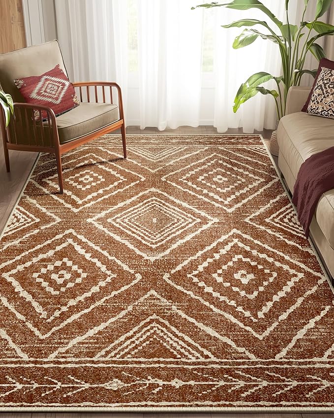 Area Rug 5x8 Rug Machine Washable Non-Slip Low Pile Print Pattern Western Rug for Living Room Bedroom Entryway Tribal Series-Yellowbrown/Cream