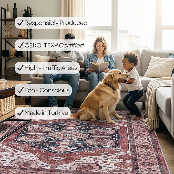 Fame Rugs Turkish Rug. Washable Vintage Oriental Antique Inspired Traditional Doormat Small Modern Area Rugs Luxury Entryway Entry Bedroom Bathroom Kitchen (404RR, 7'5 x 9'9)
