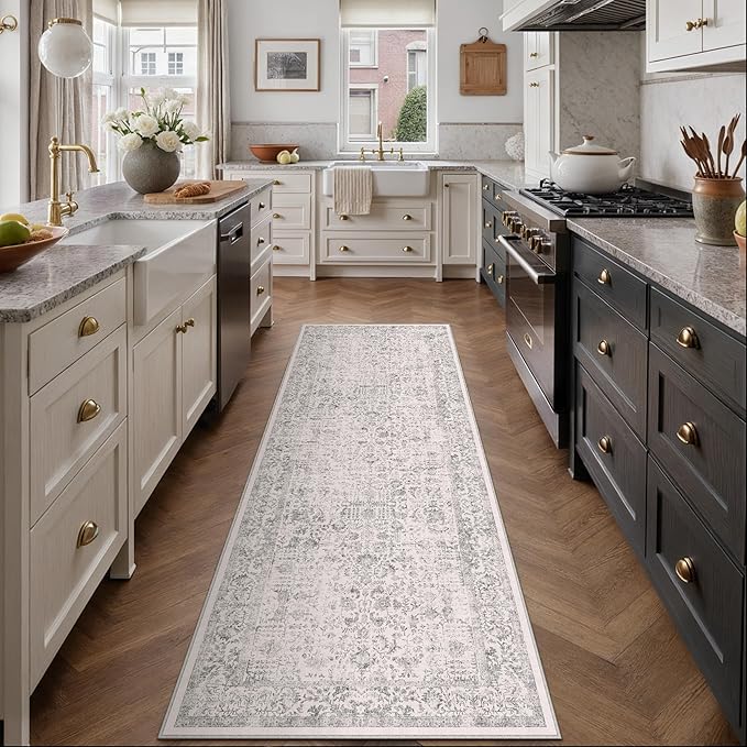 Gray Runner Rug 2x10 Hallway Machine Washable Kitchen Vintage Distressed Non Slip Long Carpet Indoor Grey Retro Floral Bedroom Accent Throw Rug for Bathroom Office Laundry Dining Living Room