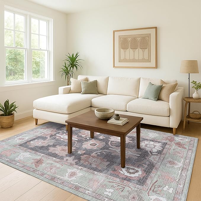 Fame Living Green Oushak Rug, Modern, Vintage, Turkish, Eclectic, Floral, Pastel, Washable, Large Area Rugs for Living Room, Dining, Bedroom, Girls, Boys, 7'5"x9'8"