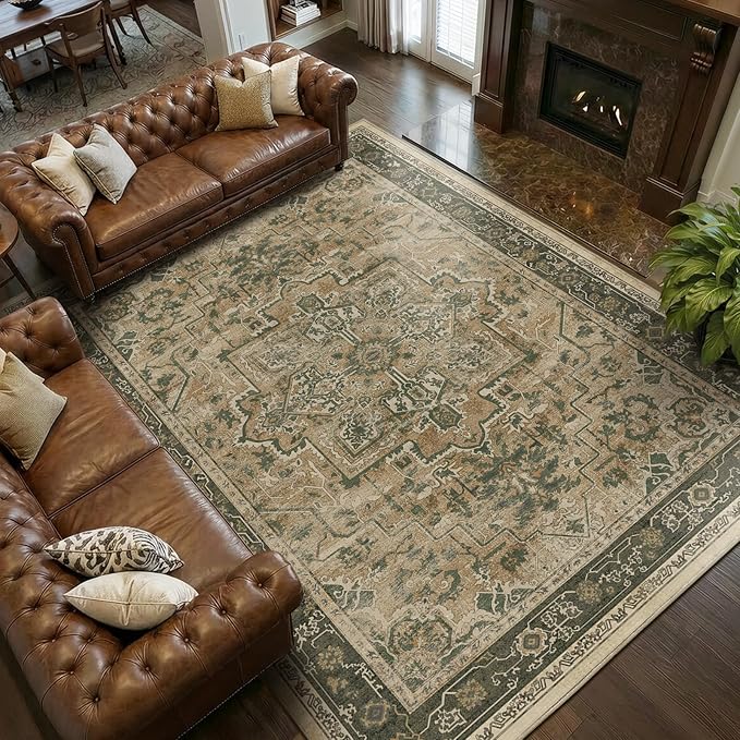 Large Vintage Area Rugs 9x12 for Living Room, Distressed Medallion Printed Big Carpet Rugs for Bedroom, Washable Non Slip Low Pile Thin Rugs for Dining Room, Multi Brown/Slate Green