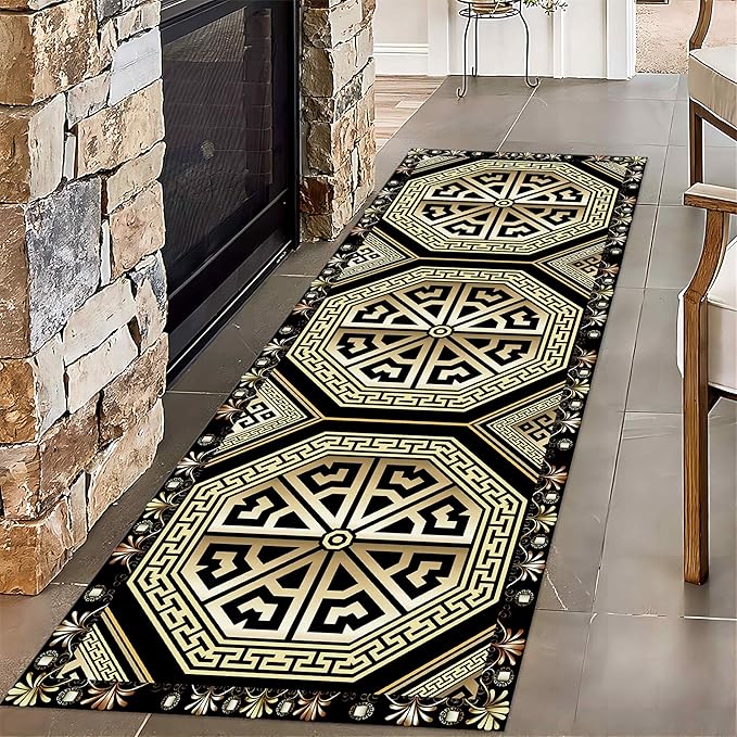 Black Gold Art Runner Rugs, 3.3x7ft, Vintage Greek Key Entrance Rug, Baroque Aesthetic Non-Slip Low Pile Soft Carpets, Cozy Absorbent Durable Non-Shedding Mat for Hallway Bedroom