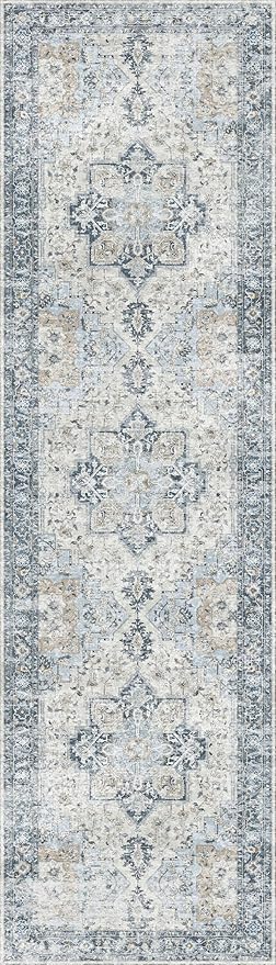 GENIMO Runner Rug 2'6"x12, Non Slip Vintage Hallway Runner Rugs, Low Pile Lightweight Machine Washable Mat for Hallway, Entryway, Bedroom, Kitchen and Corridor, Blue