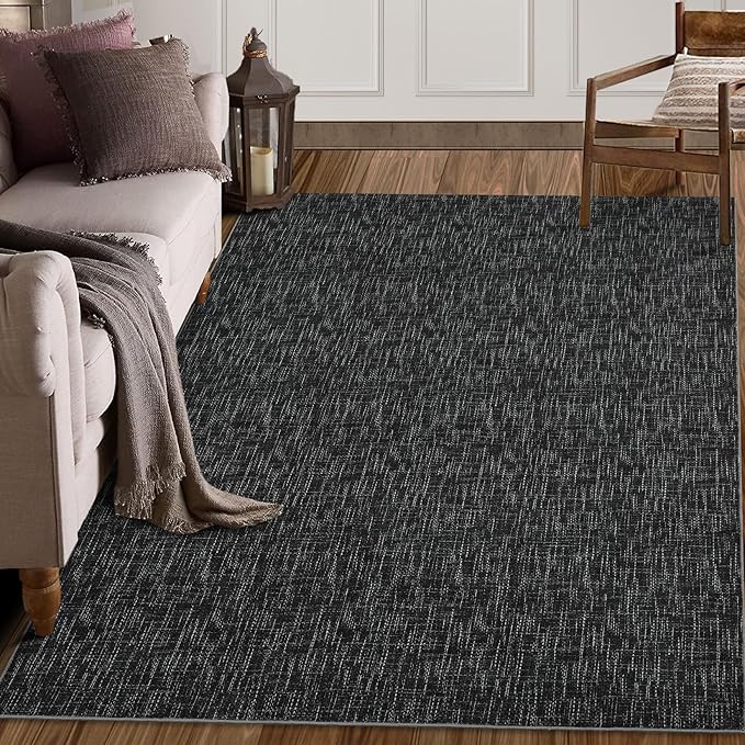 RUGSREAL Area Rug 5x7 Machine Washable Area Rug for Living Room Non-Slip Stain Resistant Modern Abstract Bedroom Rug Contemporary Solid Throw Rug Foldable Accent Floor Carpet for Dining Room, Black