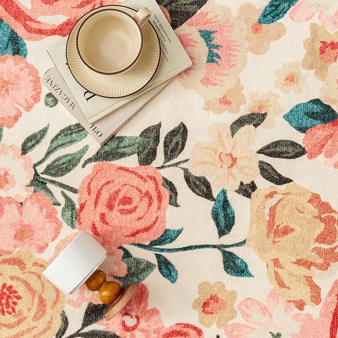 Washable Floral Area Rug 4x6 Beige Office Carpet Scalloped Flower Non Slip Soft Living Room Rug Farmhouse Low Pile Thin Indoor Floor Cover for Bathroom Bedroom Kitchen Laundry Dining Room