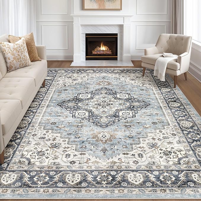 9x12 Area Rug Living Room: Washable Boho Large Neutral Vintage Soft Rugs Stain Resistant Farmhouse Non-Slip Indoor Floor Carpet for Bedroom Nursery Kids Playroom Office Dining Room House- Blue Tan