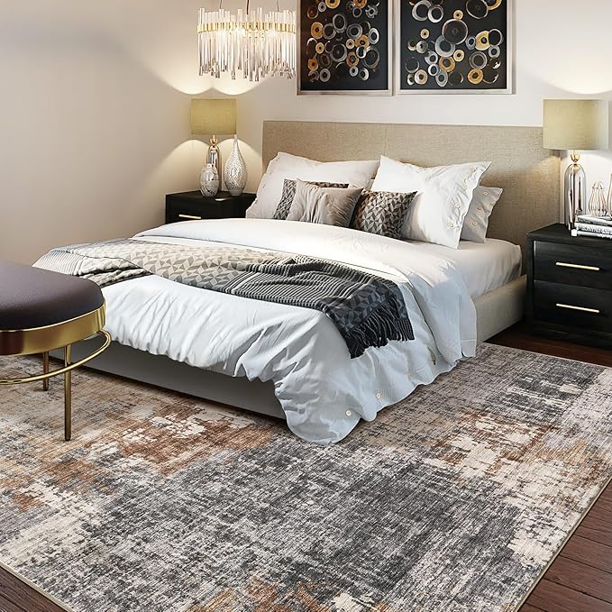 Area Rug Living Room Rugs - 5x8 Washable Large Soft Indoor Neutral Modern Abstract Low Pile Rug Carpet for Bedroom Dining Room Farmhouse Home Office - Grey Brown