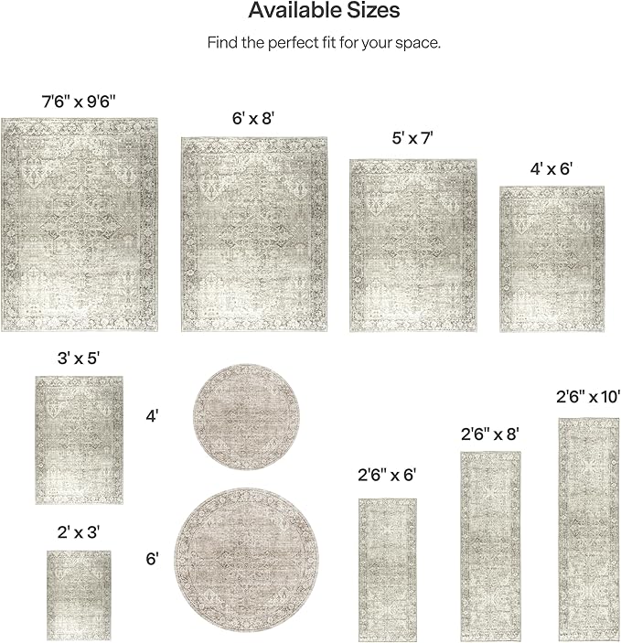 ReaLife Rugs Machine Washable Area Rug - Living Room Bedroom Bathroom Kitchen Entryway Office - Padded Low Pile Stain Resistant Premium - Boho Farmhouse Vintage - Lyle - Beige Ivory 4' Round