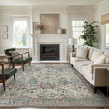 Area Rugs 8x10 Clearance Washable Boho Rug for Bedroom Living Room, Non Slip Thin Low Pile Chenille Carpet for Dining Room,Vintage Farmhouse, Blue/Ivory