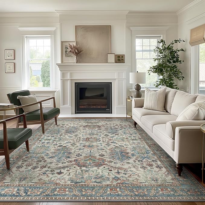 Bavni Area Rug 3x5, Non-Slip Washable Rugs for Living Room Office, Boho Distressed Printed Rug, Low Pile Foldable Decorative Carpet for Bedroom Kitchen Office, Blue/Ivory