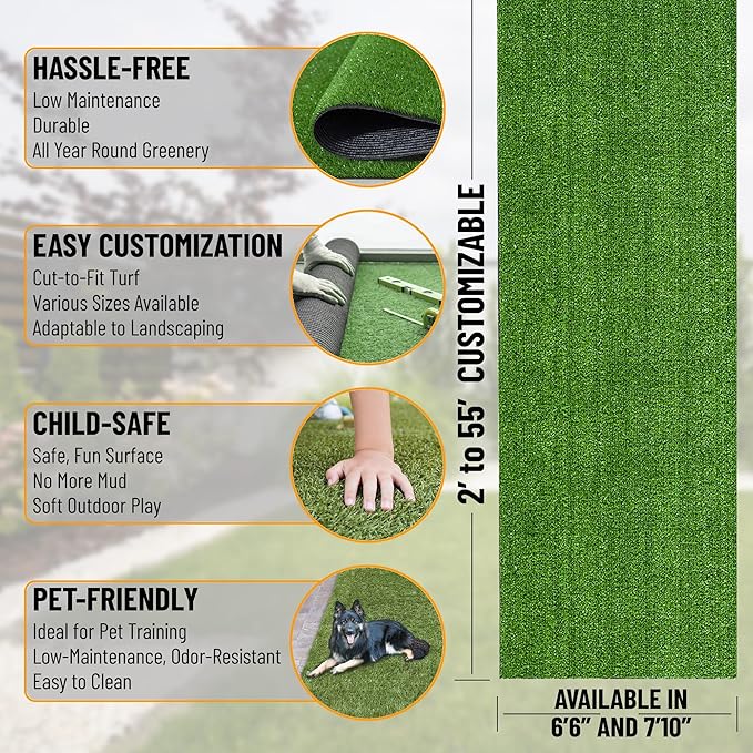 Ottomanson Artificial Grass Turf 7'10" x 48' Indoor Outdoor Faux Grass Rug with Drainage Holes, Customizable with Extra Long Size Options, Perfect for Patio Lawn Balcony Weddings Photoshoot Backdrop