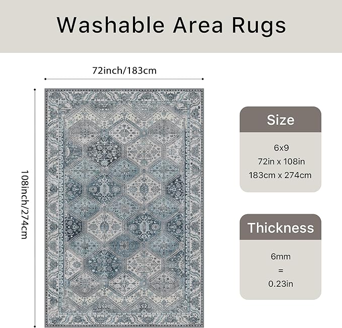 Bavni 6x9 Area Rugs for Living Room, Machine Washable Rug Non Slip, Vintage Chenille Distressed Print Carpet, Large Low Pile Ultra-Thin Lightweight Rugs for Bedroom, Dining Room, Home, Office, Blue