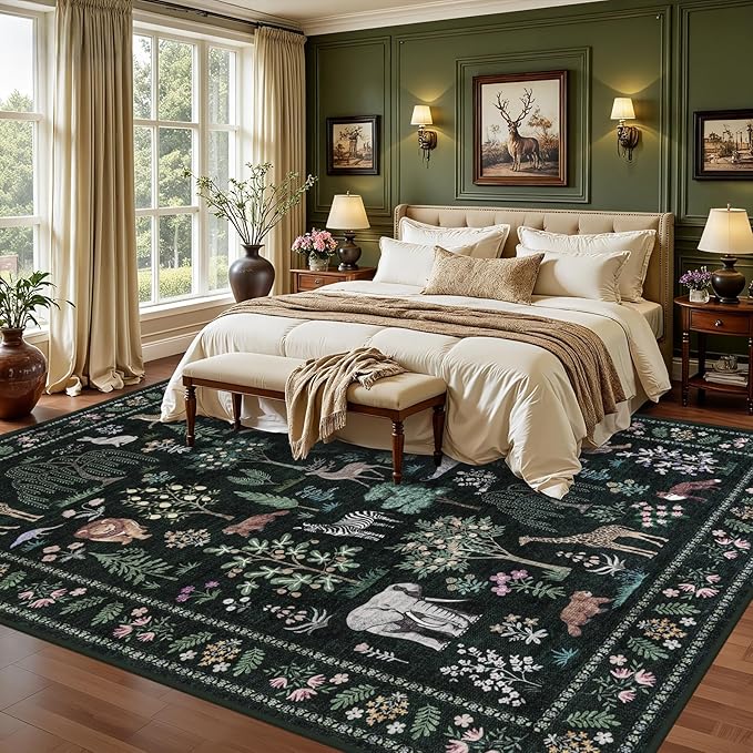5x7 Area Rugs Living Room Rug: Vintage Washable Rug Floral Soft Carpet Indoor Floor Non-Slip Boho Stain Resistant Large Carpets for Bedroom Kids Nursery Dining Room Farmhouse Home Office Green