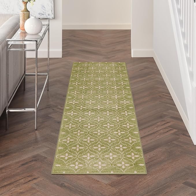 Nourison Home Nourison Essentials Green Ivory 2'2" x 7'6" Area Rug - Easy Clean, Non Shedding, Bed Room, Living Room, Dining Room, Kitchen (8' Runner)