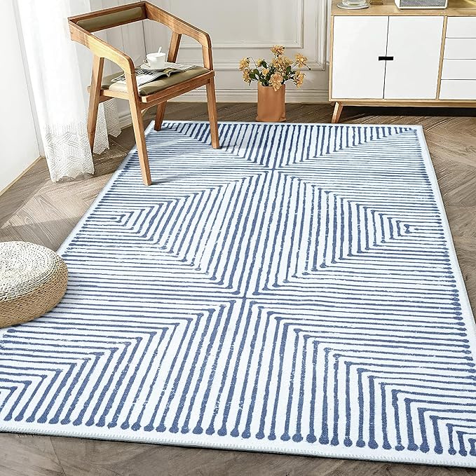 Bloom Rugs Washable Non-Slip 6' x 9' Rug - Blue/Ivory Striped Area Rug for Living Room, Bedroom, Dining Room, and Kitchen - Exact Size: 6' x 9'