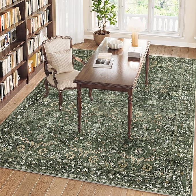 8x10 Washable Rugs for Living Room, Soft Large Rugs Green Area Rug, Indoor Vintage Carpet for Bedroom Dining Room Office, Rubber Backed Non Slip Low Pile Mat, Dark Olive Green