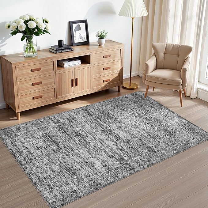 3x5 Area Rug Living Room Rugs - Washable Neutral Modern Abstract Soft Thin Rug Indoor Floor No Slip Rug Carpet for Bedroom Under Dining Table Home Office Decor - Dark Gray