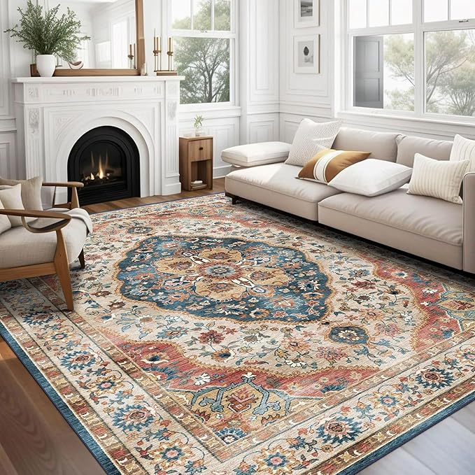vivorug 8x10 Area Rugs for Living Room, Non-Slip Backing Washable Rug 8x10, Beige Large Area Rug Soft Carpet for Bedroom Dining Room, Vintage, Easy Clean, Durable, Low Pile Rug Under Table